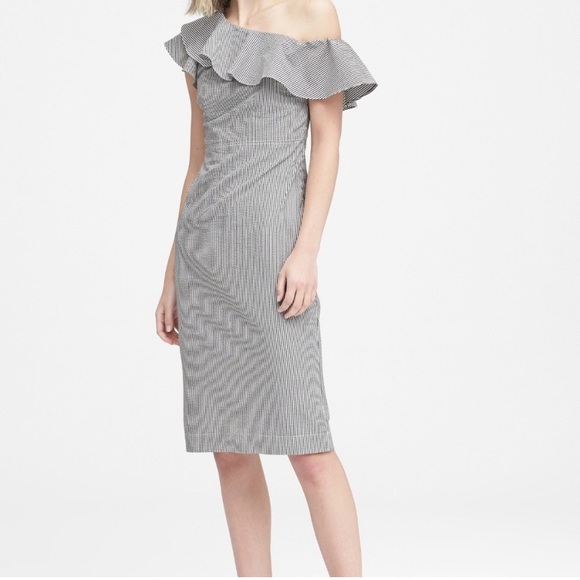 Banana Republic Size 2 Pinstripe One Shoulder Stretch Cotton Dress - Picture 2 of 14